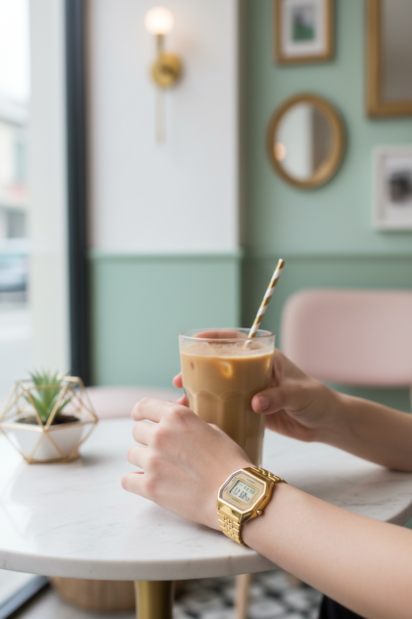 Casio LA680WGA-9DF lifestyle - café aesthetic