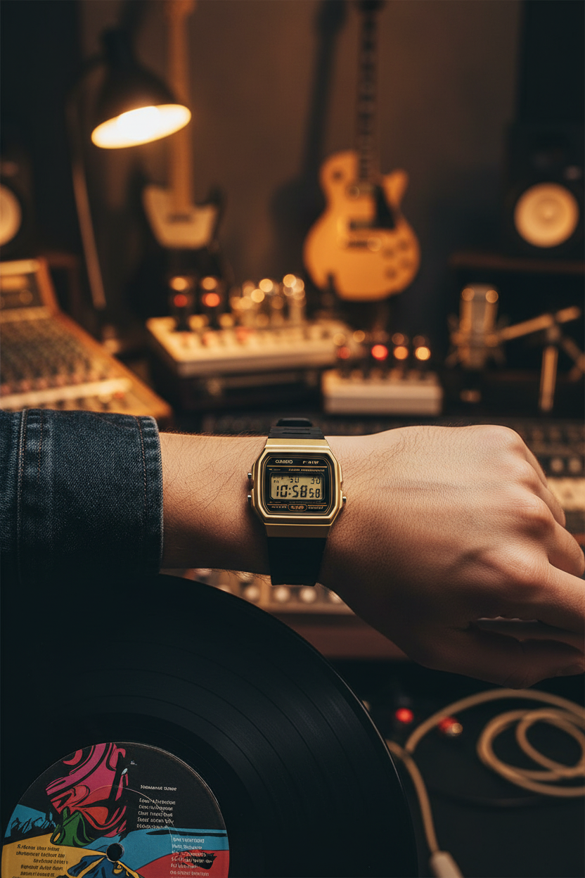 Casio F-91WM-9ADF en muñeca en estudio de música con vinilo