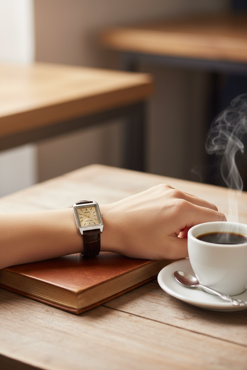 Casio LTP-V007L-9EUDF en muñeca en café con journal de cuero