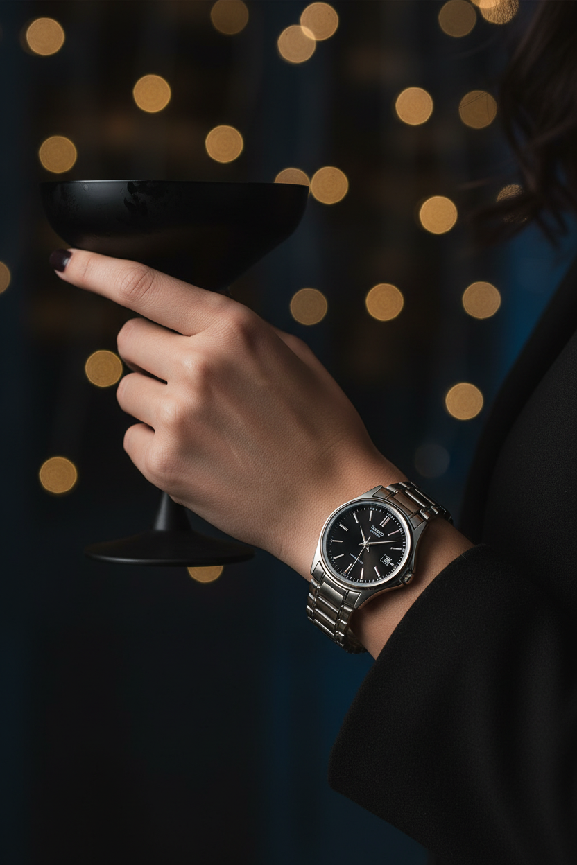 Casio LTP-1183A-1ADF en muñeca en evento nocturno elegante
