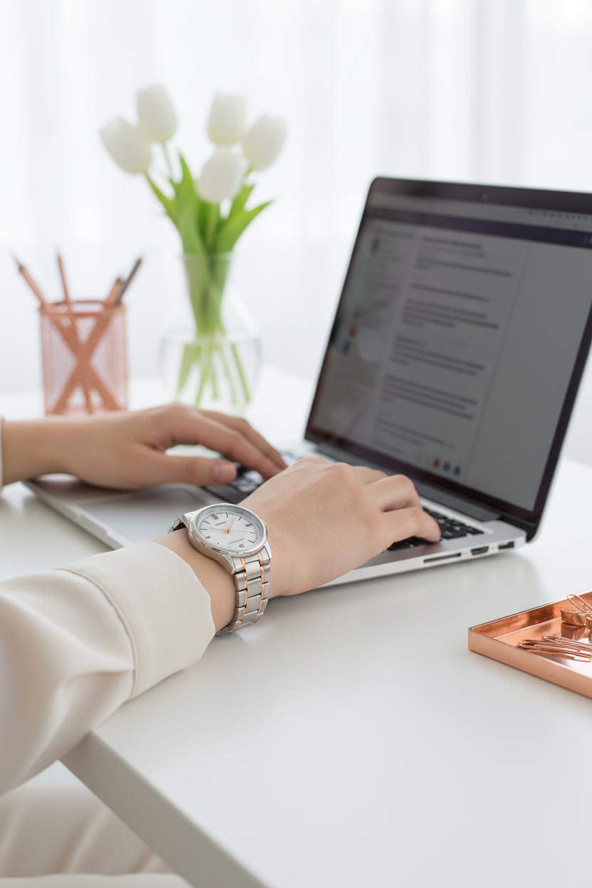 Casio LTP-V005SG-7AUDF en muñeca en workspace moderno rose gold