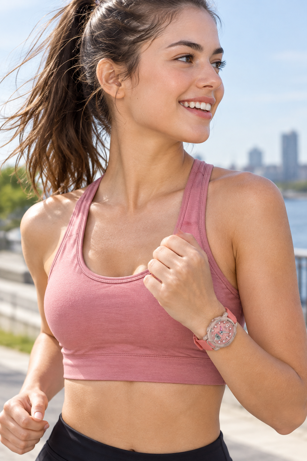 Mujer usando el reloj Casio Baby-G BGA-310-4ADR en escena deportiva