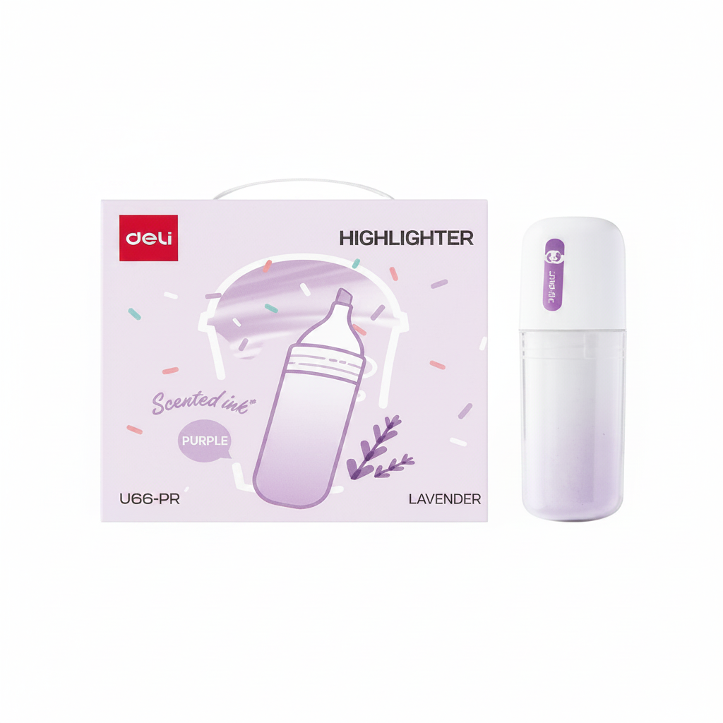 Resaltador con aroma DELI cuerpo transparante punta biselada Morado x6 Unidades