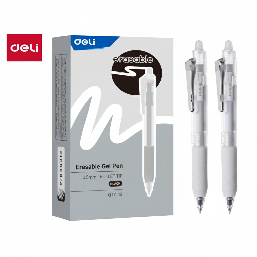 Bolígrafo de gel borrable DELI retráctil agarre ergonómico 0.5 mm tinta negra x12 Unidades