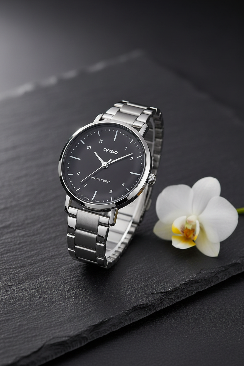 Casio LTP-VT03D-1BDF sobre pizarra oscura con orquídea