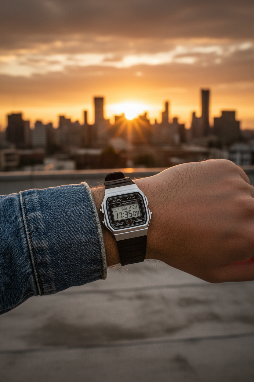 Casio F-91WM-7ADF en muñeca en rooftop sunset streetwear