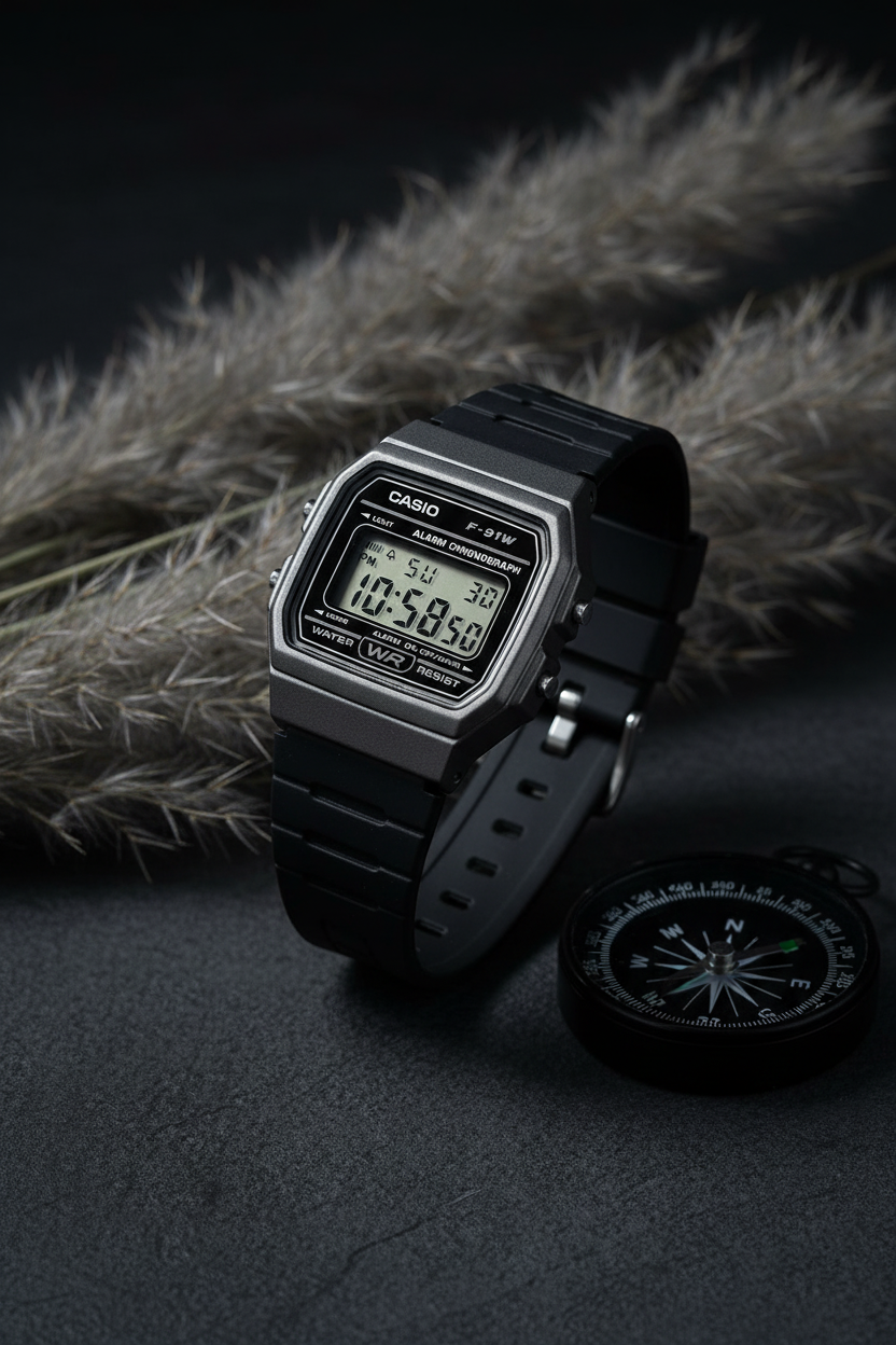 Casio F-91WM-1BDF sobre fondo carbón con pampas grises