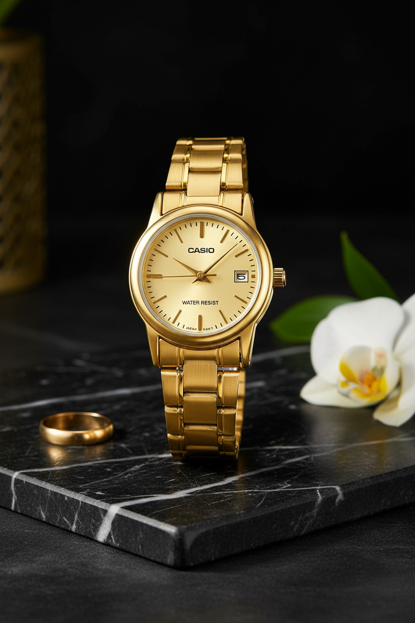 Casio LTP-V002G-9AUDF sobre mármol negro con orquídea dorada
