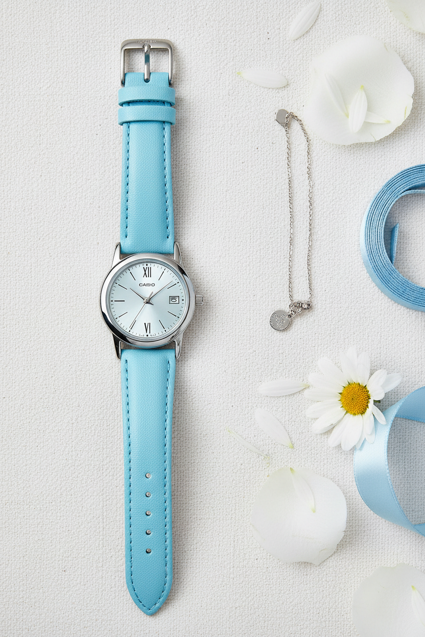 Casio LTP-V002L-2B3UDF flat lay sobre lino blanco