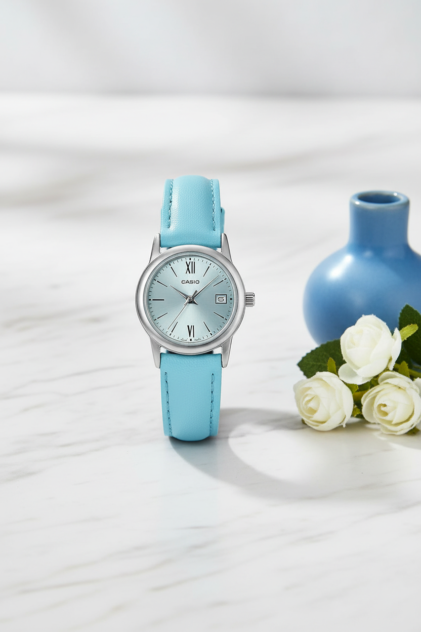 Casio LTP-V002L-2B3UDF sobre mármol blanco con flores
