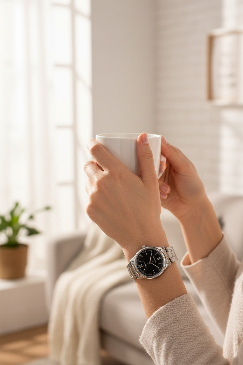 Casio LTP-V005D-1B2UDF en muñeca en hogar minimalista con mug