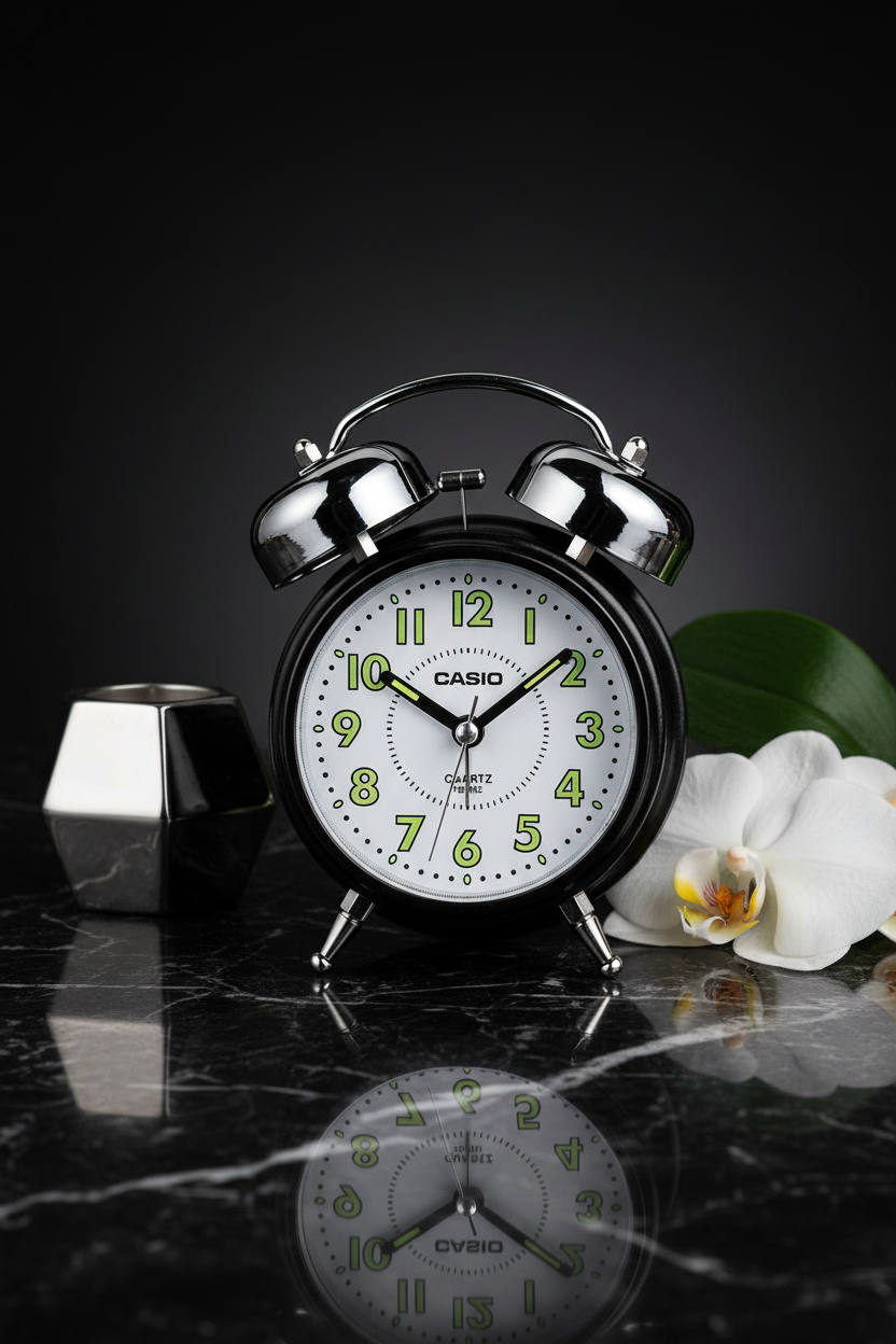 Casio TQ-362-1BDF sobre mármol negro con orquídea y vela plateada