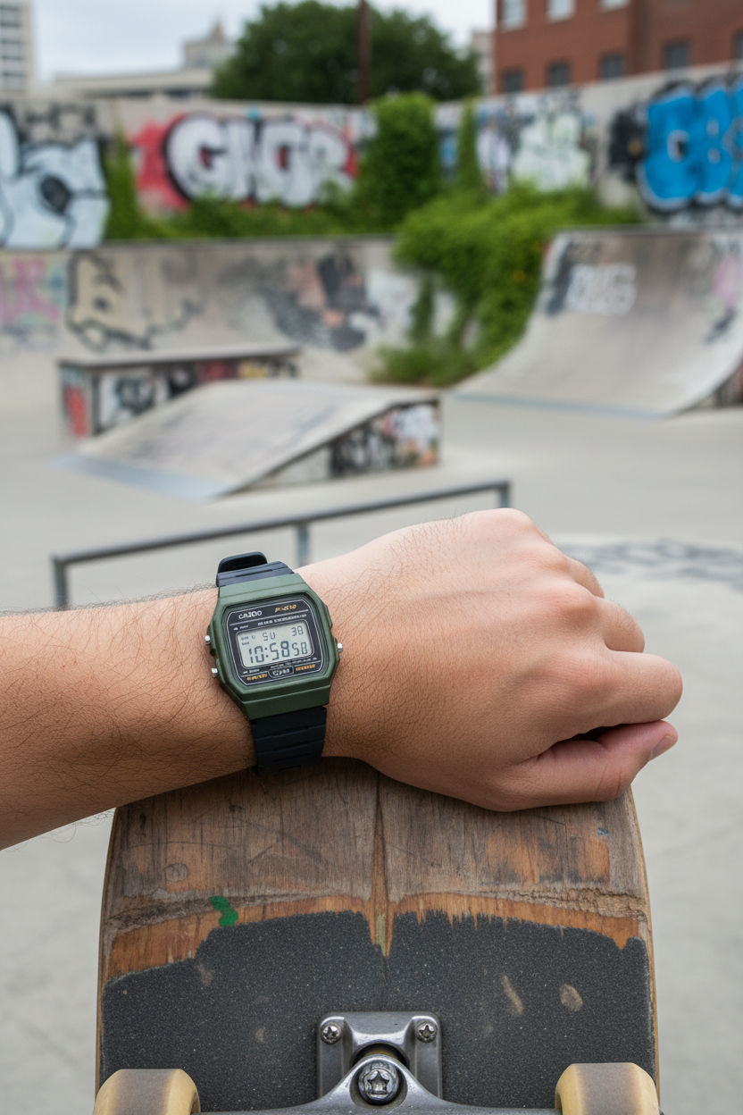 Casio F-91WM-3ADF en muñeca en skate park urbano