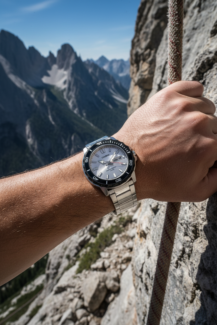 Casio MTD-125D-7AVDF en muñeca en escalada en roca extrema