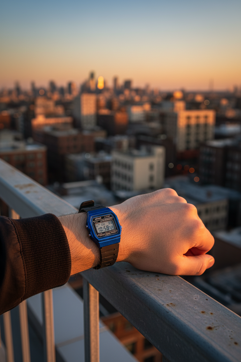 Casio F-91WM-2ADF en muñeca en rooftop sunset urbano