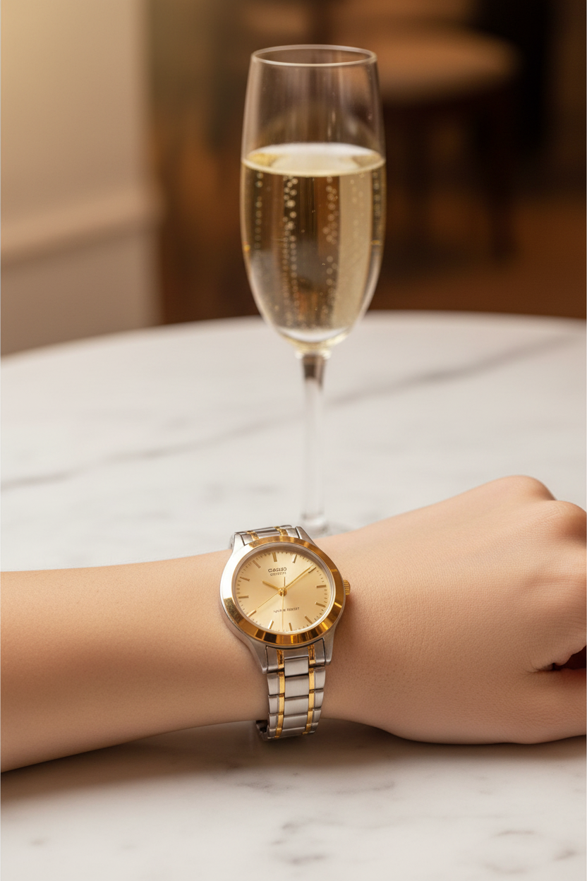 Casio LTP-1128G-9ARDF en muñeca en restaurante con champagne