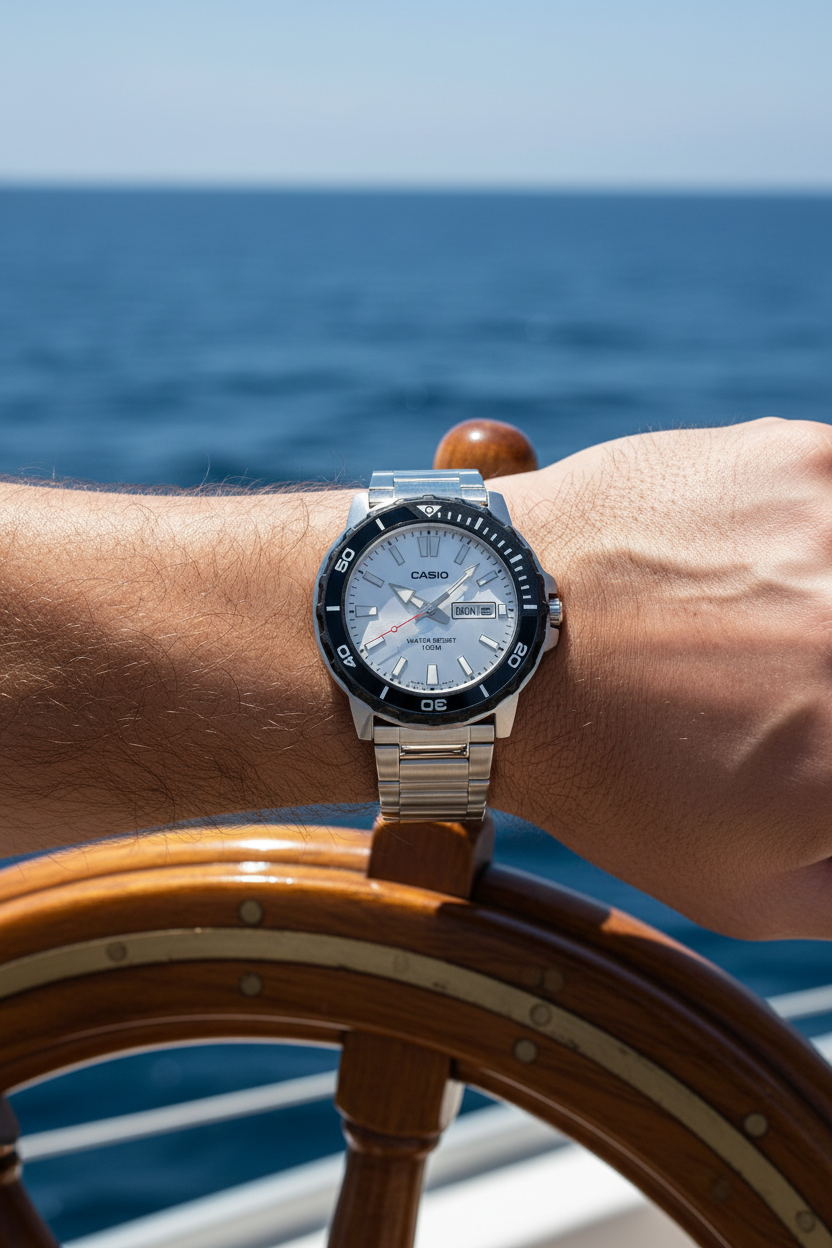 Casio MTD-125D-7AVDF en muñeca en timón de barco náutico
