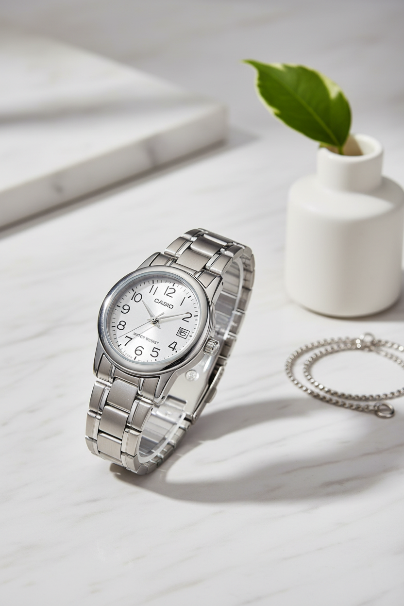 Casio LTP-V002D-7BUDF sobre mármol blanco con vaso y pulsera