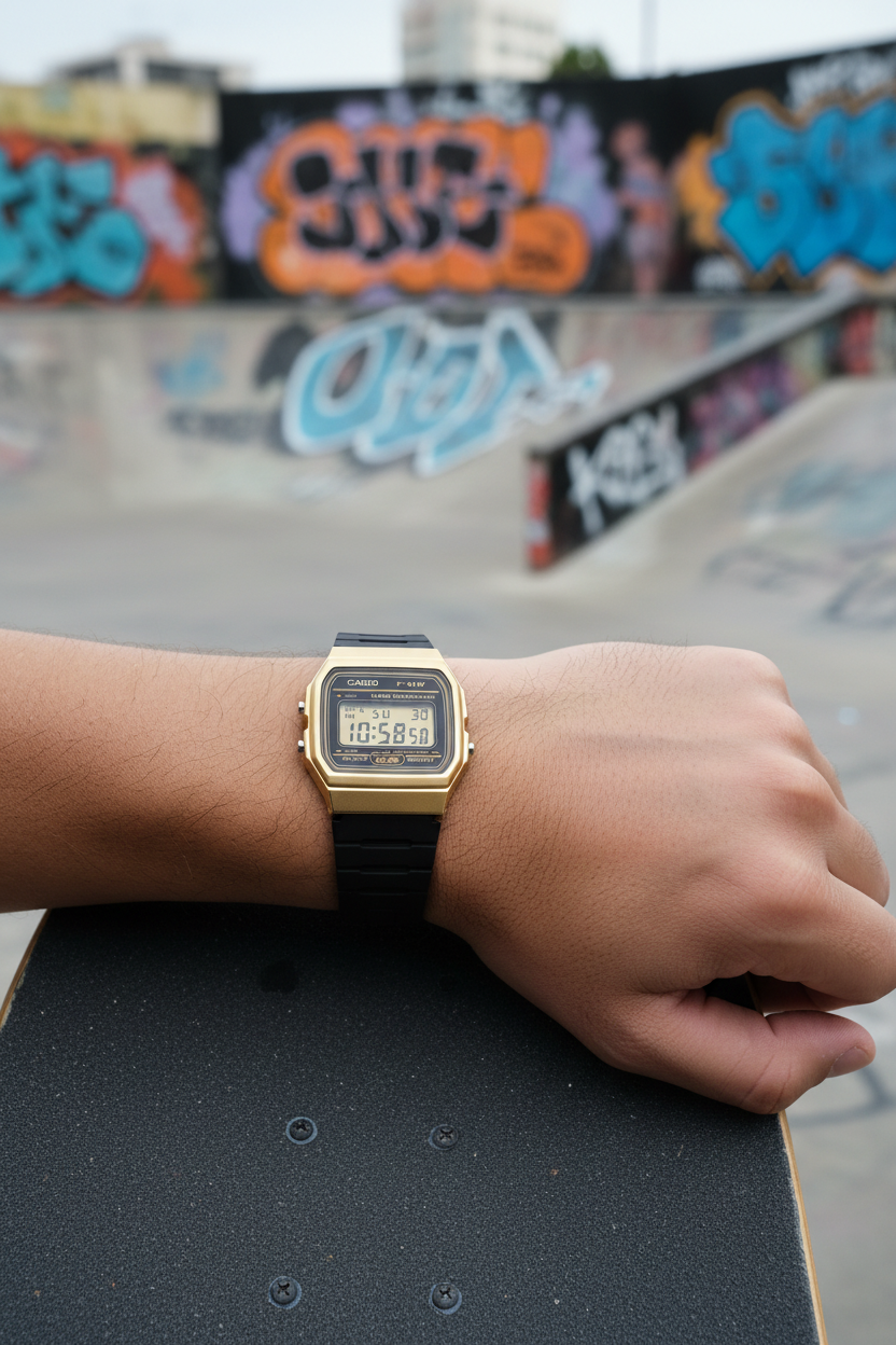 Casio F-91WM-9ADF en muñeca en skate park urbano