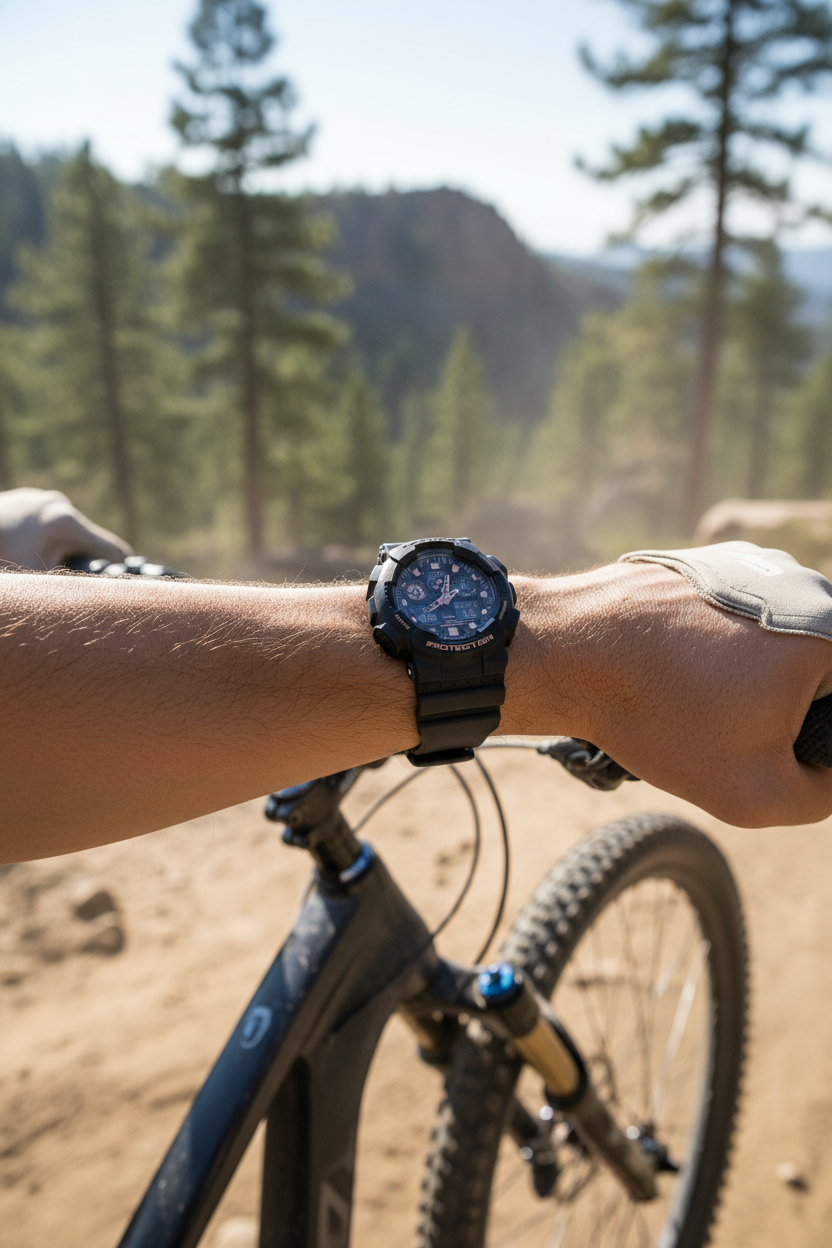 Casio G-Shock GA-100GBX-1A4DR lifestyle - mountain bike trail