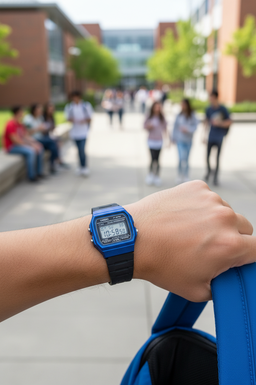 Casio F-91WM-2ADF en muñeca en campus universitario