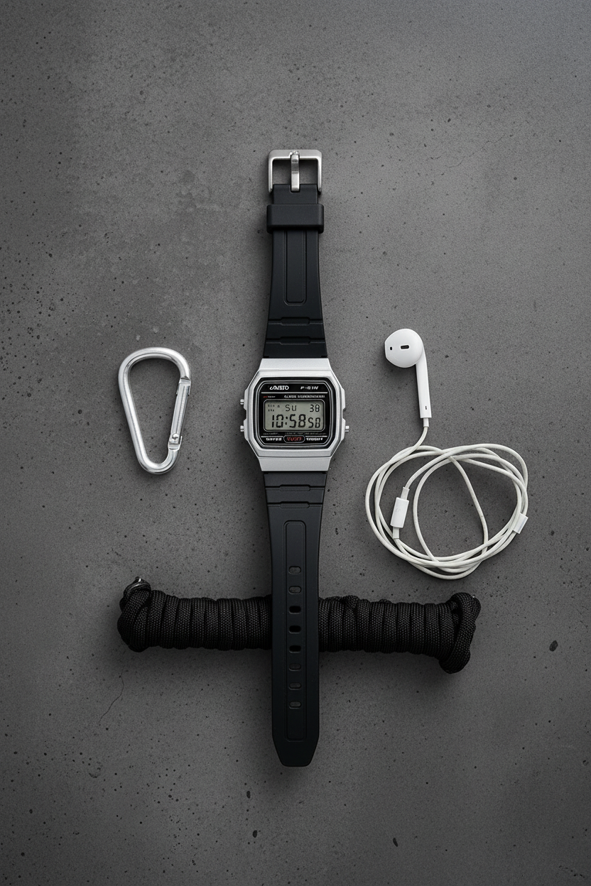 Casio F-91WM-7ADF flat lay sobre concreto con accesorios streetwear