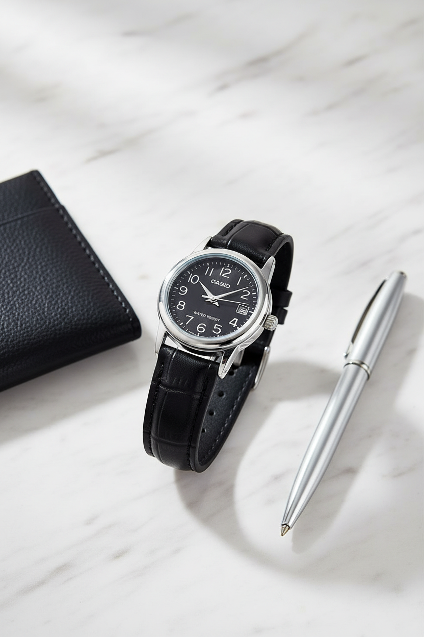 Casio LTP-V002L-1BUDF sobre mármol blanco con accesorios negros