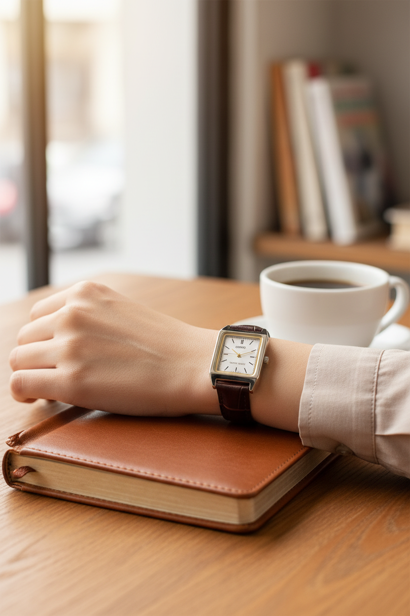 Casio LTP-V007L-7E2UDF en muñeca en café con journal de cuero