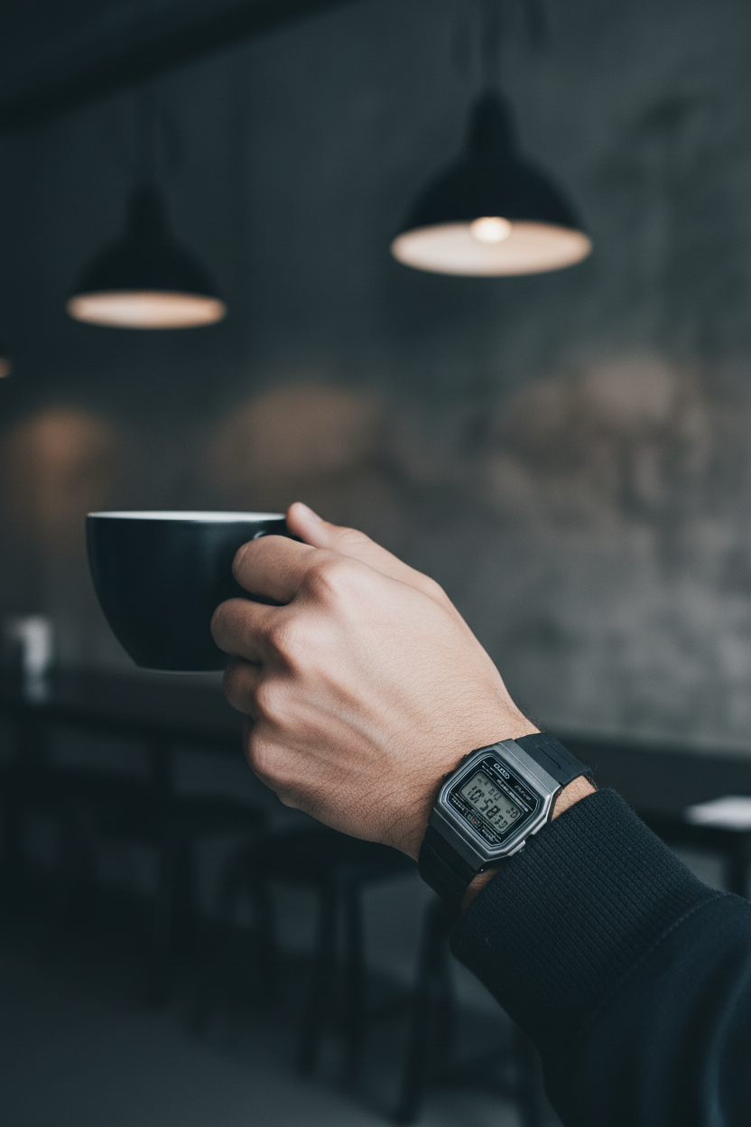 Casio F-91WM-1BDF en muñeca en café industrial moody