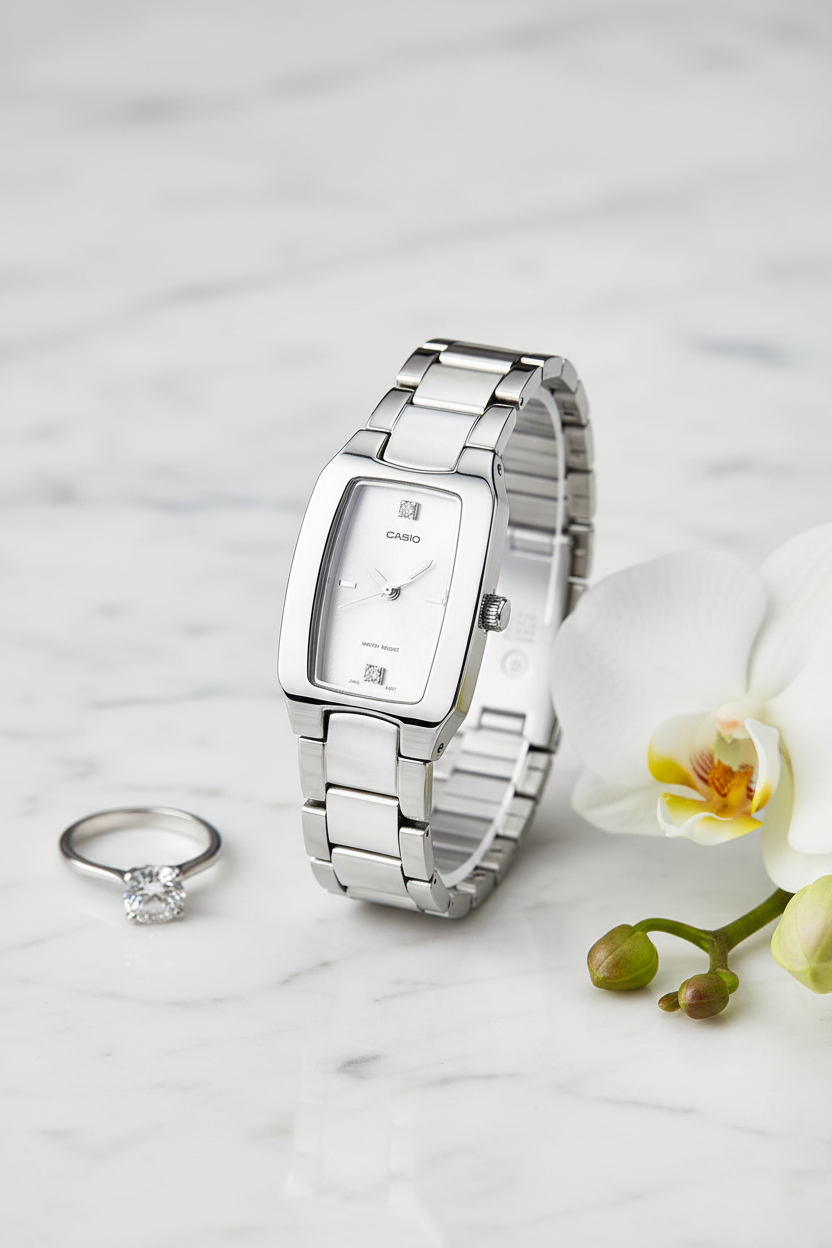 Casio LTP-1165A-7C2DF sobre mármol blanco con diamante