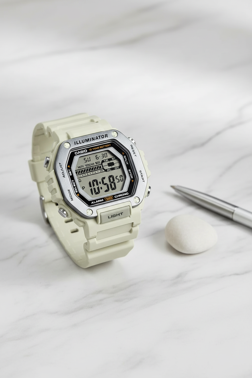 Casio MWD-110H-8AVDF sobre mármol blanco minimalista
