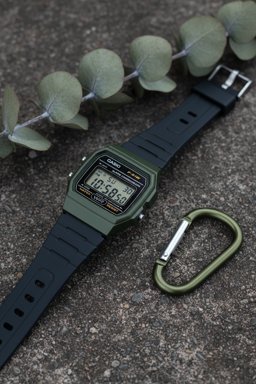 Casio F-91WM-3ADF sobre concreto con eucalipto