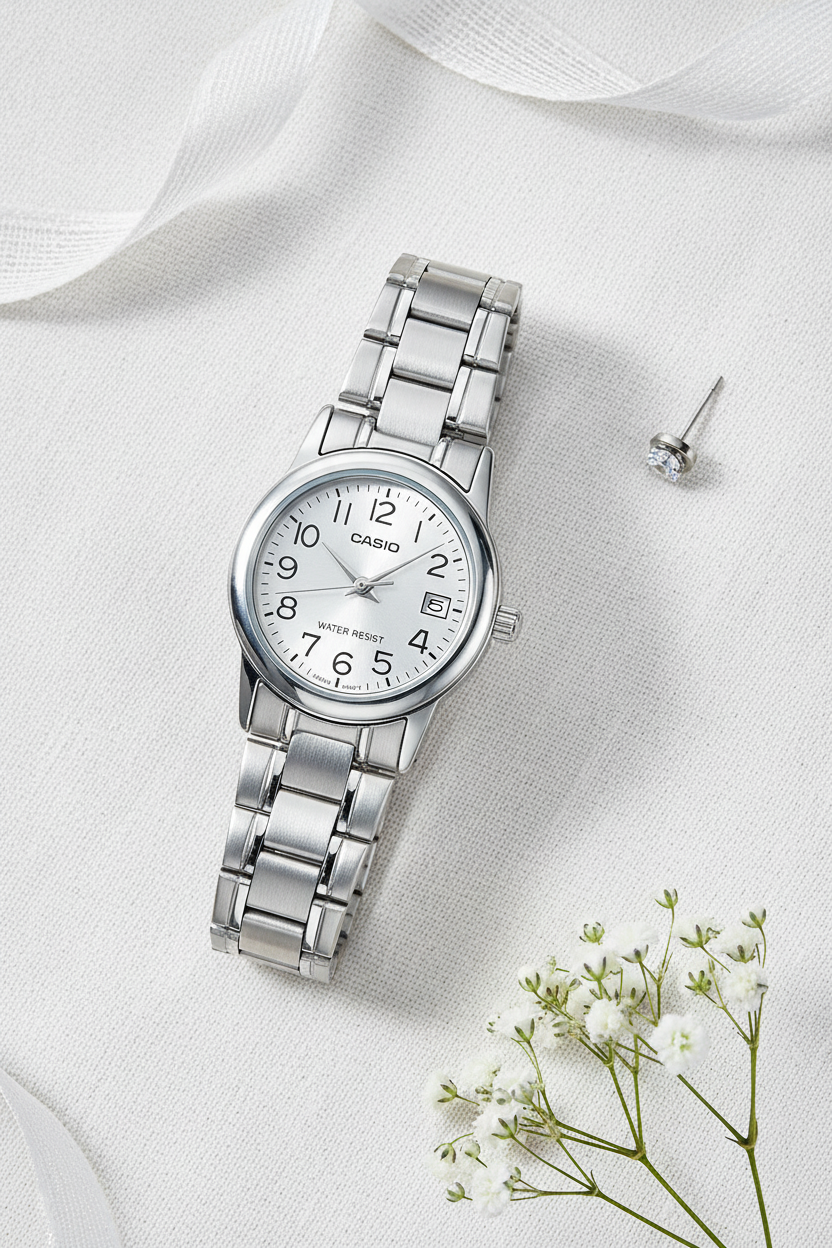 Casio LTP-V002D-7BUDF flat lay sobre lino con accesorios femeninos