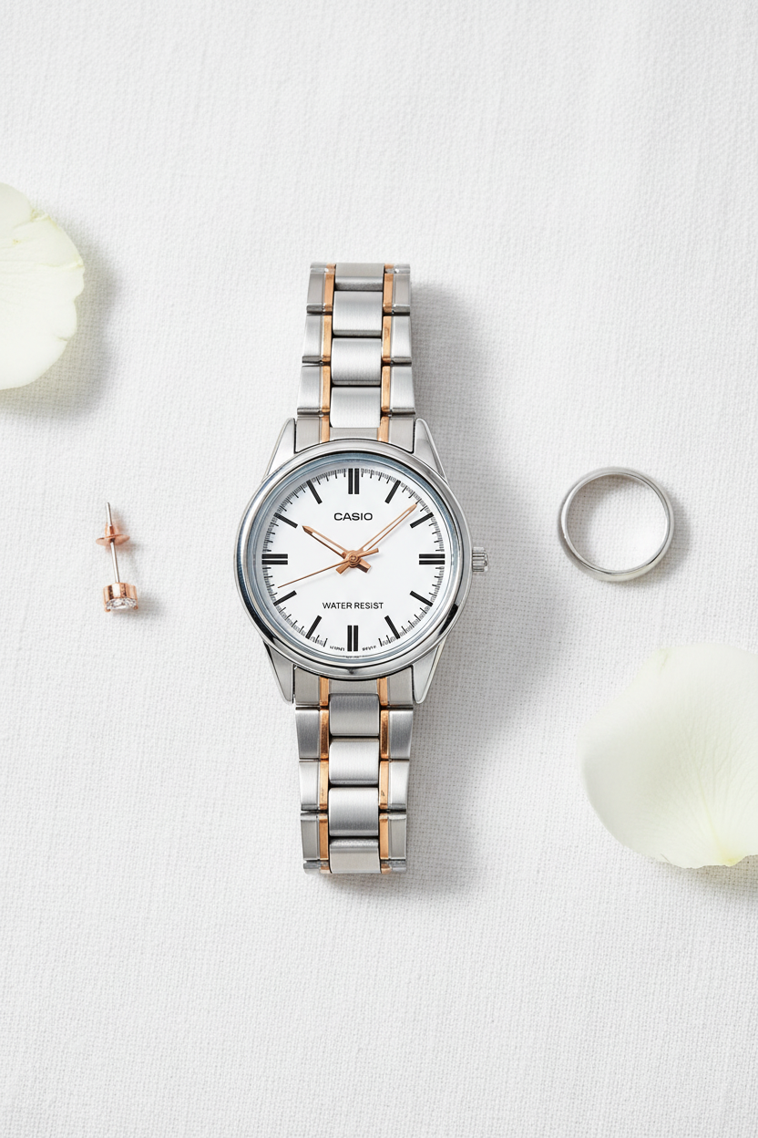 Casio LTP-V005SG-7AUDF flat lay sobre lino mostrando segundero rose gold