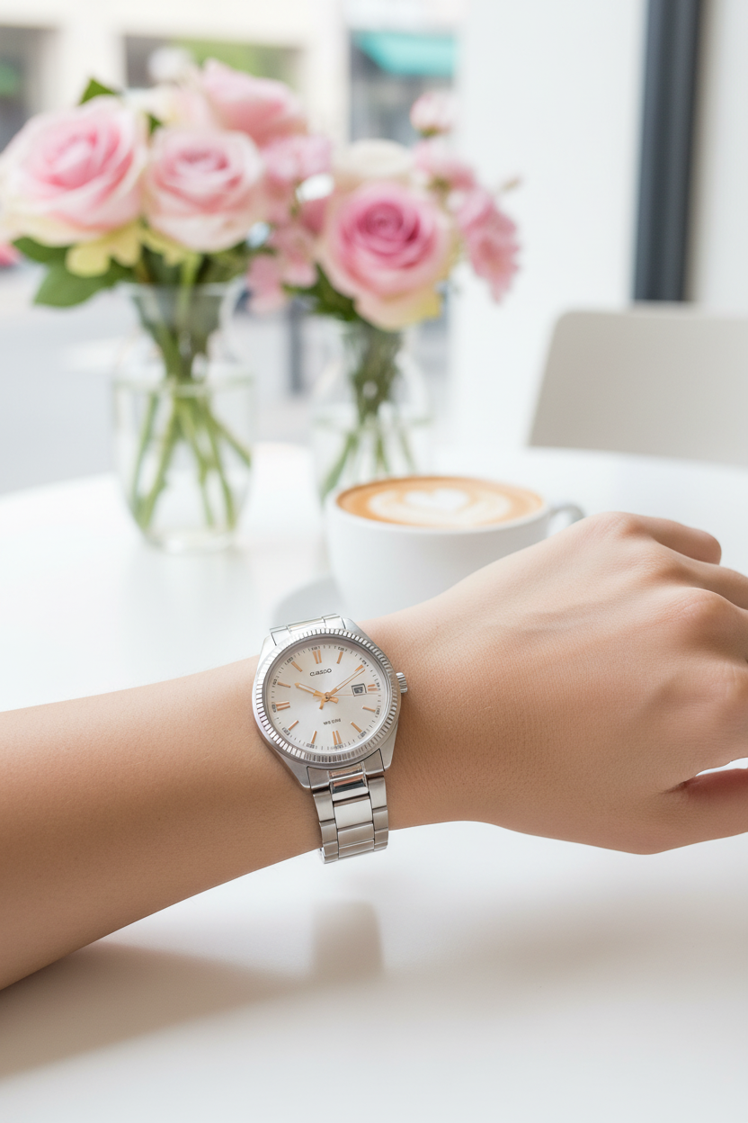 Lifestyle - Café moderno con flores rosas