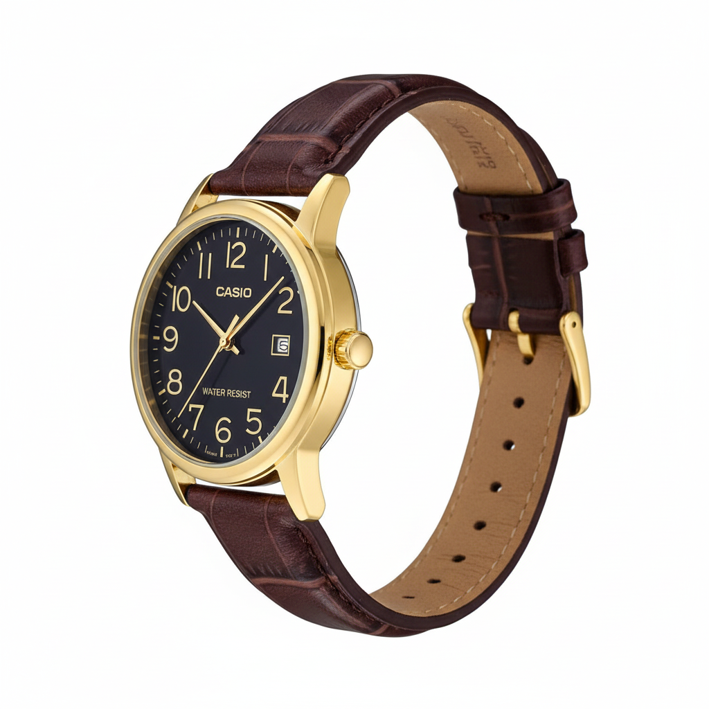 Vista de perfil del reloj Casio dorado