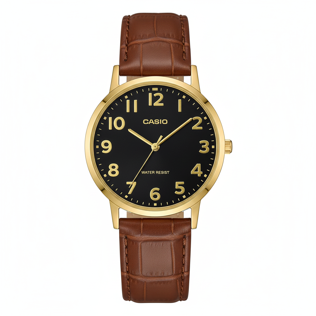 Vista frontal del reloj Casio dorado con esfera negra