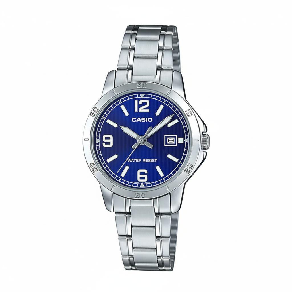Vista frontal del reloj Casio esfera azul