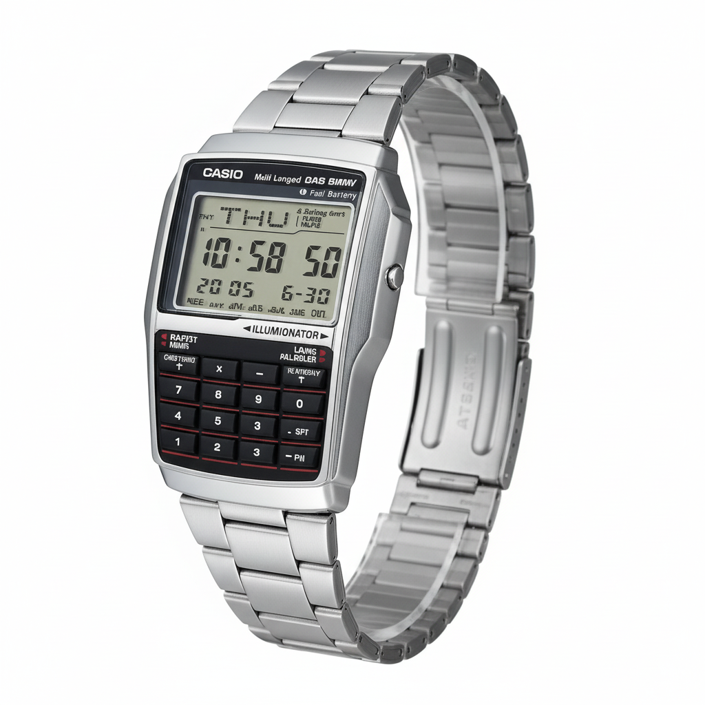 Vista tres cuartos del reloj calculadora Casio