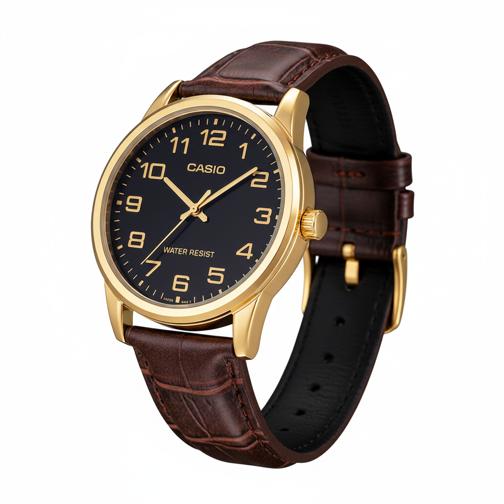 Vista tres cuartos del reloj Casio dorado con esfera negra