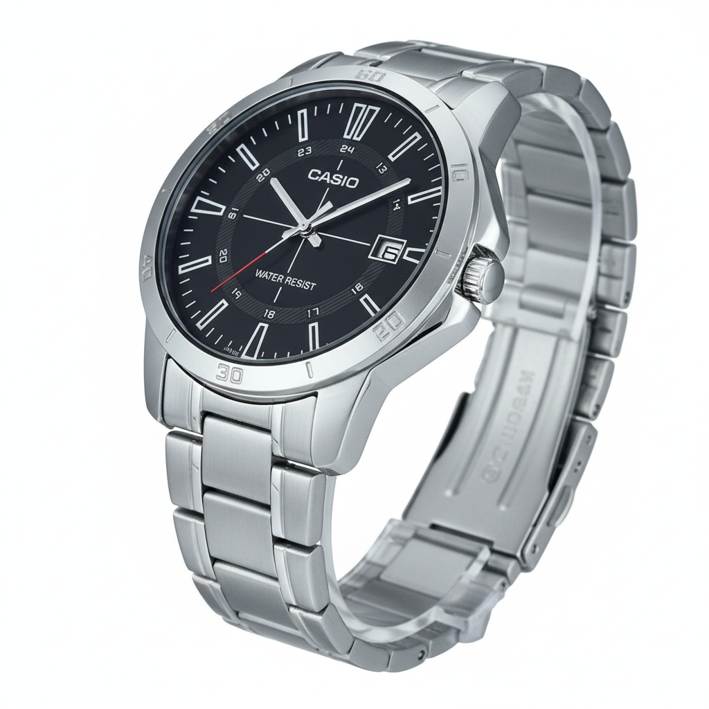 Vista tres cuartos del reloj Casio esfera negra